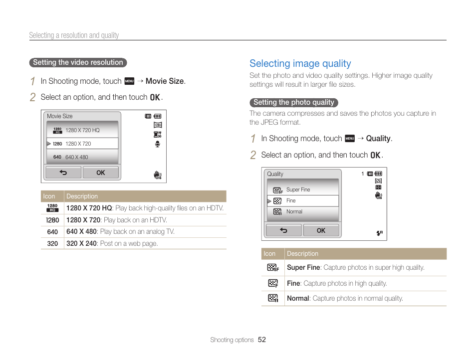 Selecting image quality, Selecting image quality …………………… 52 | Samsung EC-ST65ZZBPSUS User Manual | Page 53 / 142