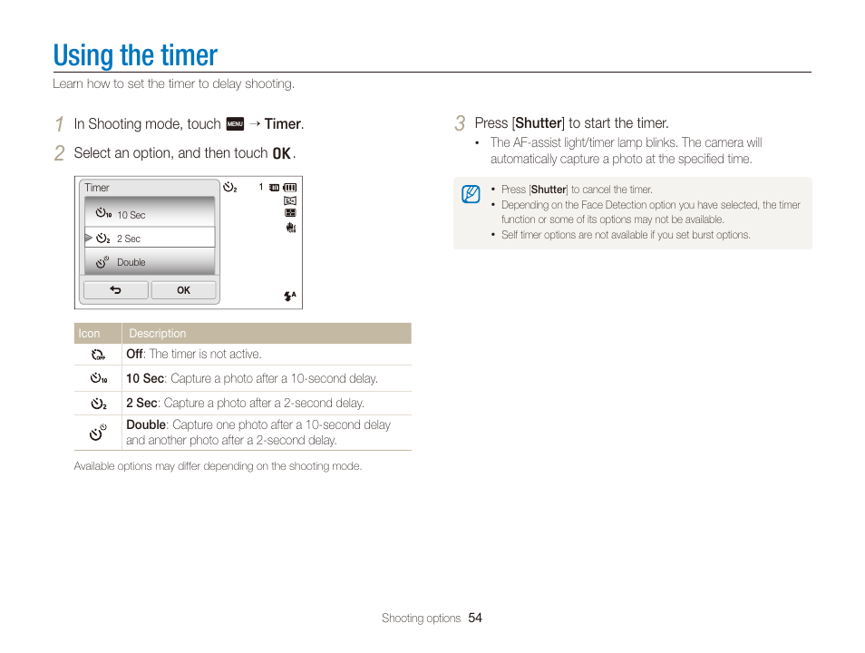 Using the timer | Samsung EC-ST65ZZBPSUS User Manual | Page 55 / 142