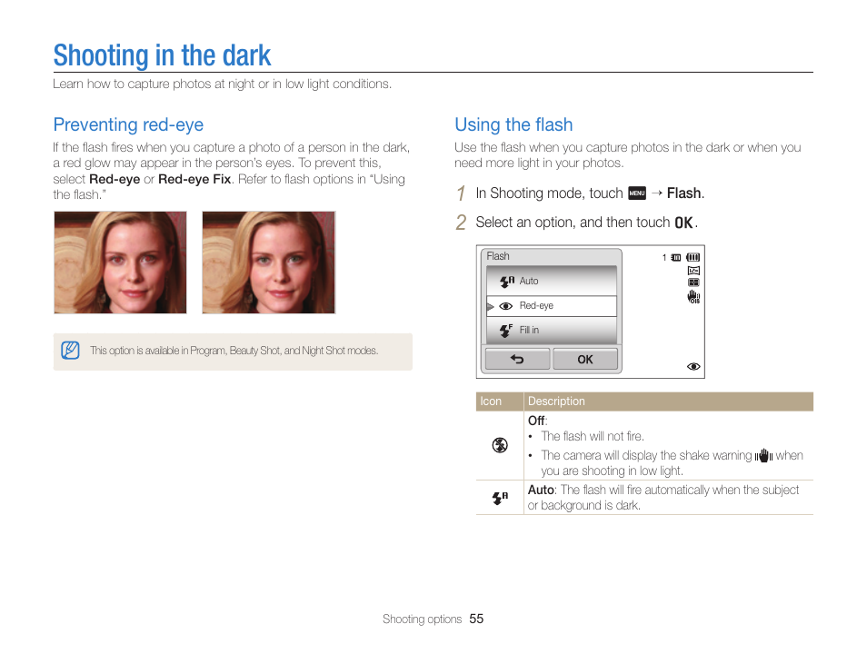 Shooting in the dark, Preventing red-eye, Using the flash | P. 55), Urn on the ﬂash. (p. 55), Using the ﬂash, Preventing red-eye ……………………… 55, Using the ﬂash …………………………… 55 | Samsung EC-ST65ZZBPSUS User Manual | Page 56 / 142