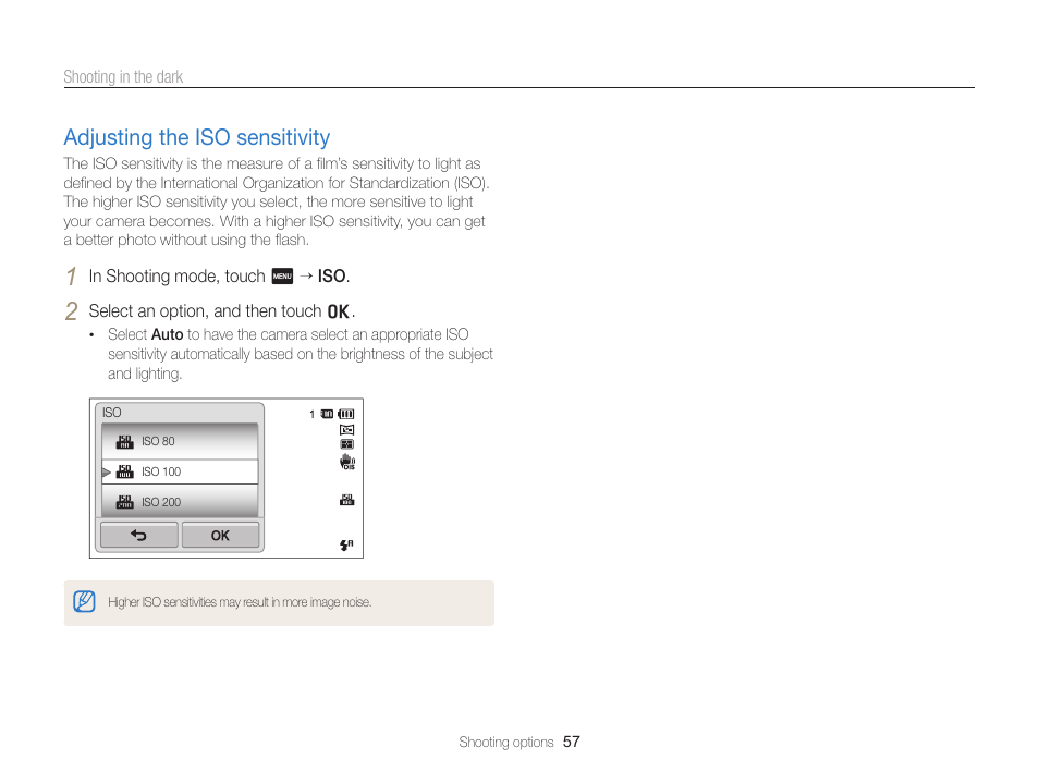 Adjusting the iso sensitivity, Set iso sensitivity options. (p. 57), Adjusting the iso sensitivity ……………… 57 | Samsung EC-ST65ZZBPSUS User Manual | Page 58 / 142