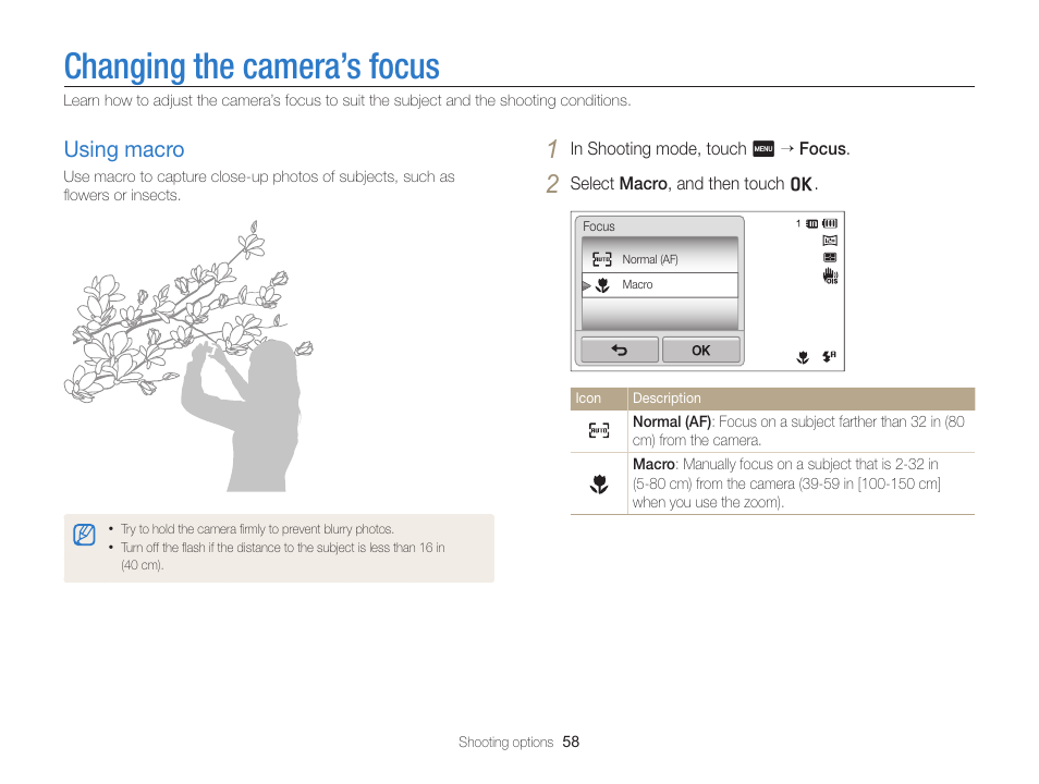 Changing the camera’s focus, Using macro, Using macro ……………………………… 58 | Samsung EC-ST65ZZBPSUS User Manual | Page 59 / 142