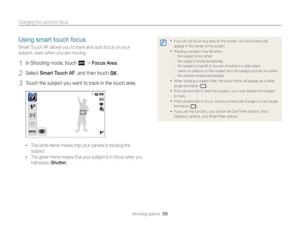 Using smart touch focus, Using smart touch focus ………………… 59 | Samsung EC-ST65ZZBPSUS User Manual | Page 60 / 142