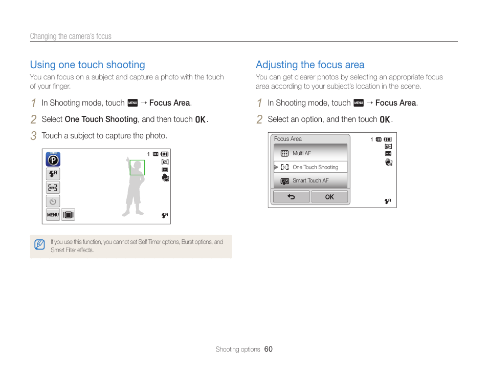 Using one touch shooting, Adjusting the focus area, Using one touch shooting ………………… 60 | Adjusting the focus area ………………… 60 | Samsung EC-ST65ZZBPSUS User Manual | Page 61 / 142