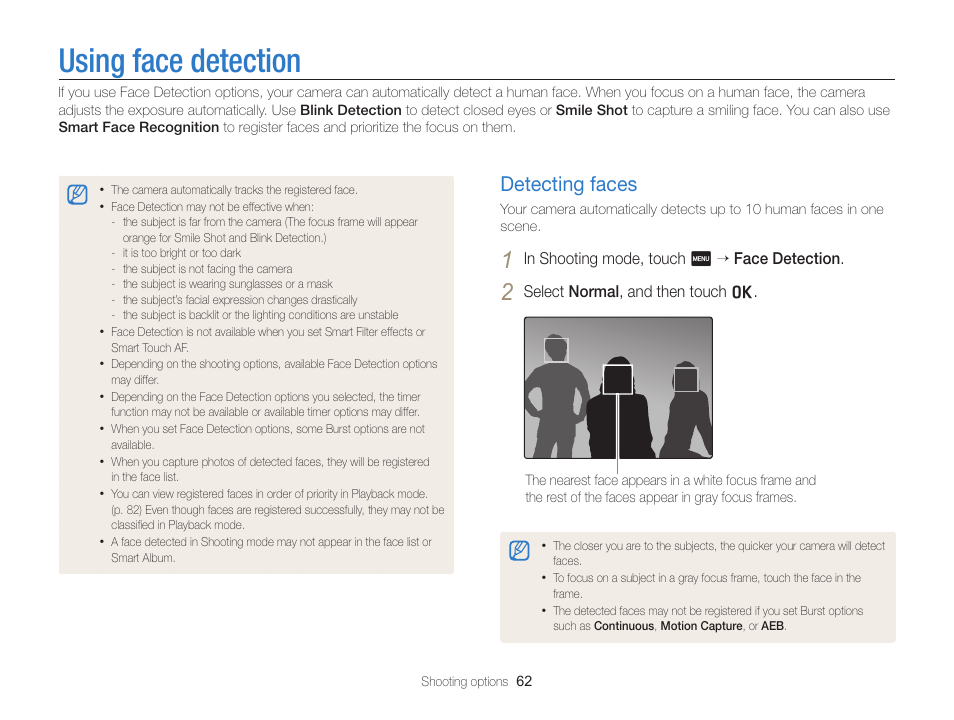Using face detection, Detecting faces, Detecting faces …………………………… 62 | Samsung EC-ST65ZZBPSUS User Manual | Page 63 / 142