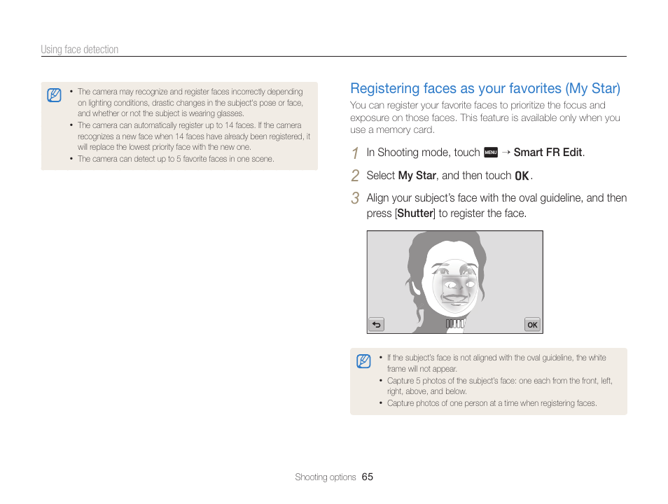 Registering faces as your favorites (my star), Registering faces as your favorites, My star) ………………………………… 65 | Samsung EC-ST65ZZBPSUS User Manual | Page 66 / 142