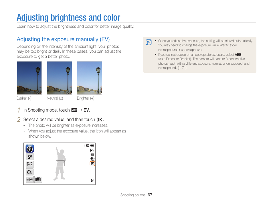 Adjusting brightness and color, Adjusting the exposure manually (ev), Adjust the exposure. (p. 67) | Adjusting the exposure manually (ev) …… 67 | Samsung EC-ST65ZZBPSUS User Manual | Page 68 / 142