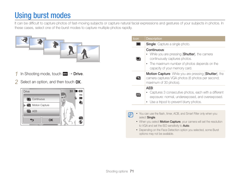 Using burst modes | Samsung EC-ST65ZZBPSUS User Manual | Page 72 / 142