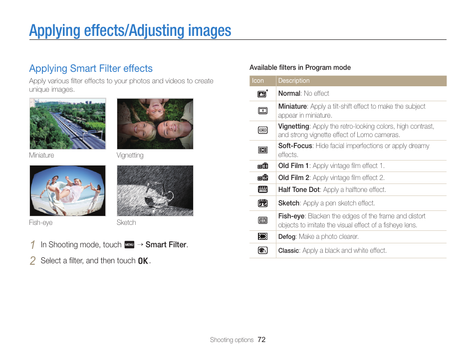 Applying effects/adjusting images, Applying smart filter effects, Applying smart filter effects ……………… 72 | Samsung EC-ST65ZZBPSUS User Manual | Page 73 / 142