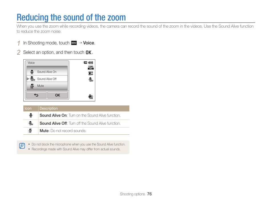 Setting zoom sound, Reducing the sound of the zoom | Samsung EC-ST65ZZBPSUS User Manual | Page 77 / 142