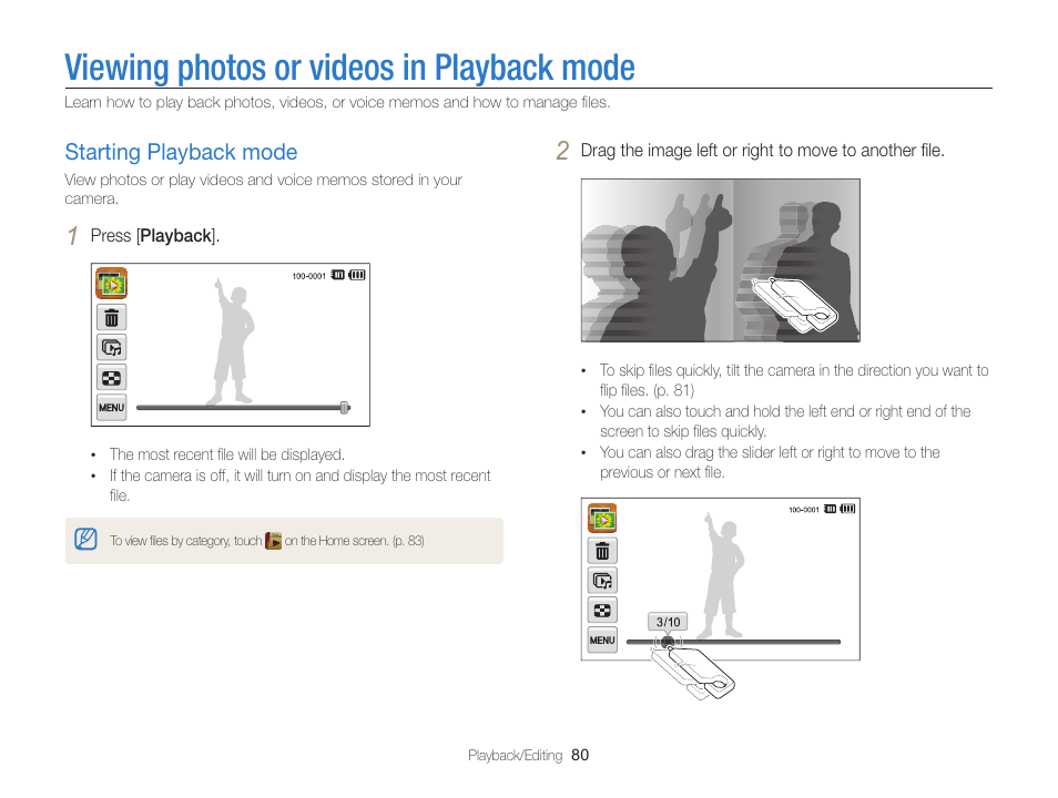Viewing photos or videos in playback mode, Starting playback mode, Viewing photos or videos in | Playback mode, Starting playback mode ………………… 80 | Samsung EC-ST65ZZBPSUS User Manual | Page 81 / 142