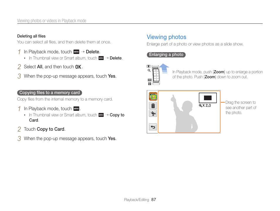 Viewing photos, Viewing photos …………………………… 87 | Samsung EC-ST65ZZBPSUS User Manual | Page 88 / 142