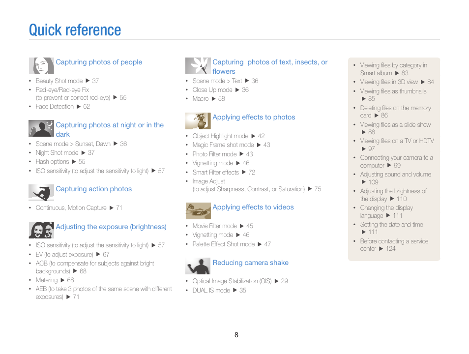 Quick reference | Samsung EC-ST65ZZBPSUS User Manual | Page 9 / 142