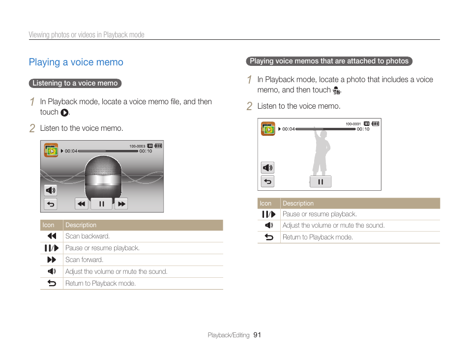 Playing a voice memo, Playing a voice memo …………………… 91 | Samsung EC-ST65ZZBPSUS User Manual | Page 92 / 142