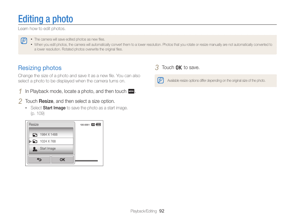 Editing a photo, Resizing photos, Resizing photos …………………………… 92 | Samsung EC-ST65ZZBPSUS User Manual | Page 93 / 142