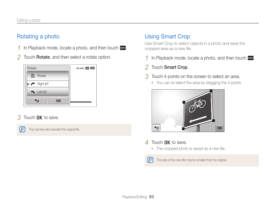 Rotating a photo, Using smart crop, Rotating a photo ………………………… 93 | Using smart crop ………………………… 93 | Samsung EC-ST65ZZBPSUS User Manual | Page 94 / 142