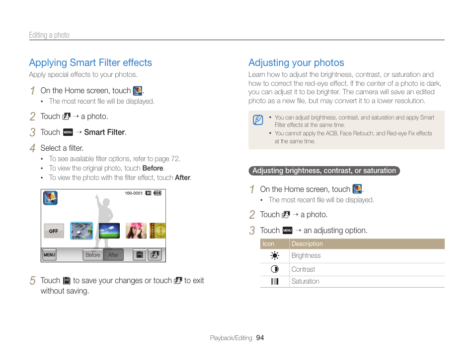 Applying smart filter effects, Adjusting your photos, Applying smart filter effects ……………… 94 | Adjusting your photos …………………… 94 | Samsung EC-ST65ZZBPSUS User Manual | Page 95 / 142