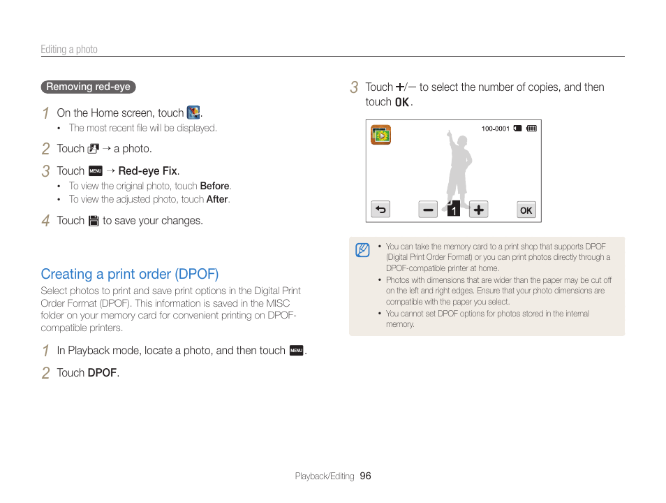 Creating a print order (dpof), In the edit menu. (p. 96), Creating a print order (dpof) …………… 96 | Samsung EC-ST65ZZBPSUS User Manual | Page 97 / 142