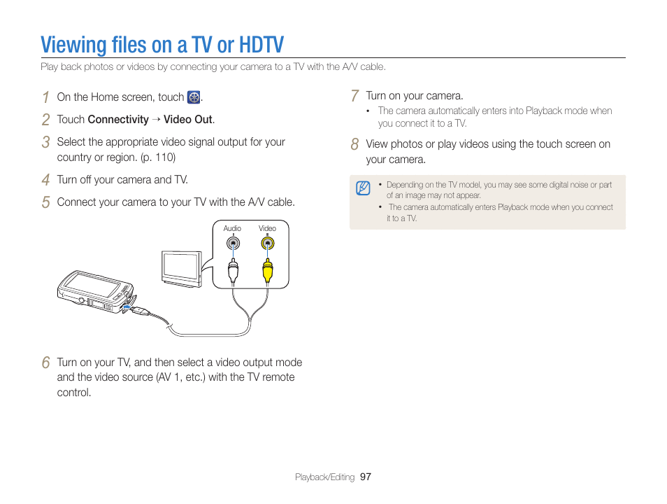 Viewing files on a tv or hdtv, Viewing ﬁles on a tv or hdtv | Samsung EC-ST65ZZBPSUS User Manual | Page 98 / 142