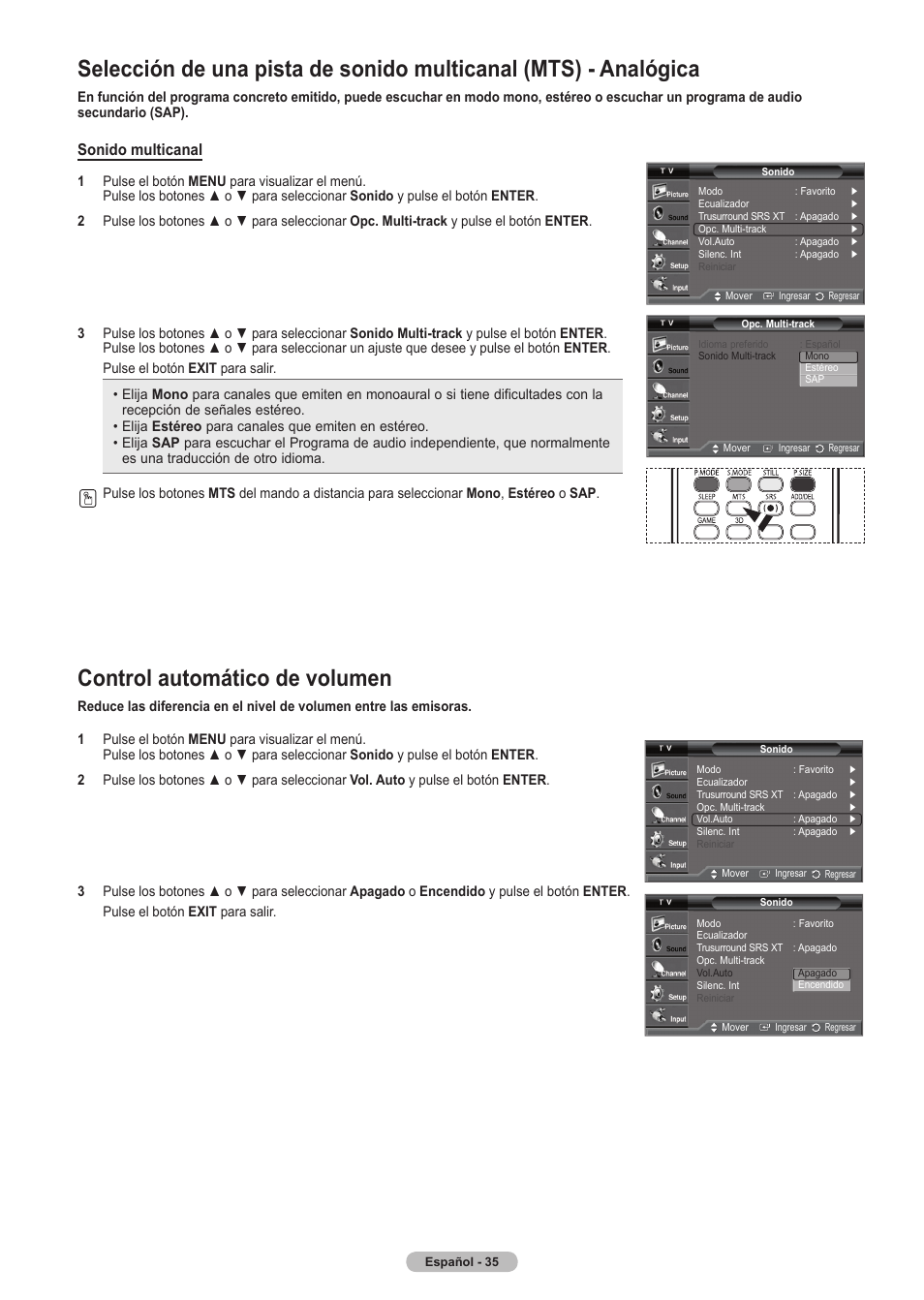 Control automático de volumen, Sonido multicanal | Samsung HLT5675SX-XAA User Manual | Page 101 / 128