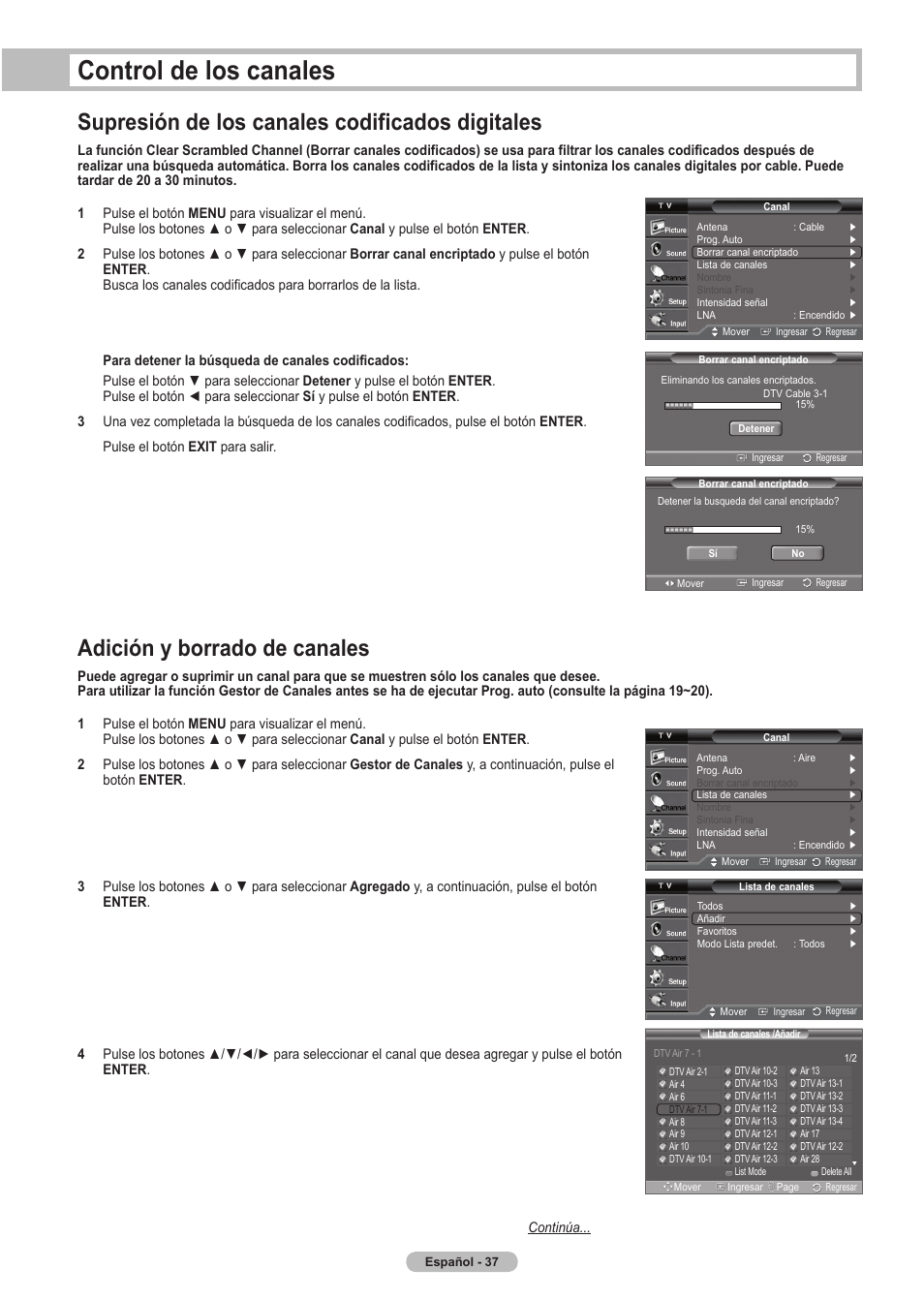 Control de los canales, Adición y borrado de canales, Supresión de los canales codificados digitales | Samsung HLT5675SX-XAA User Manual | Page 103 / 128
