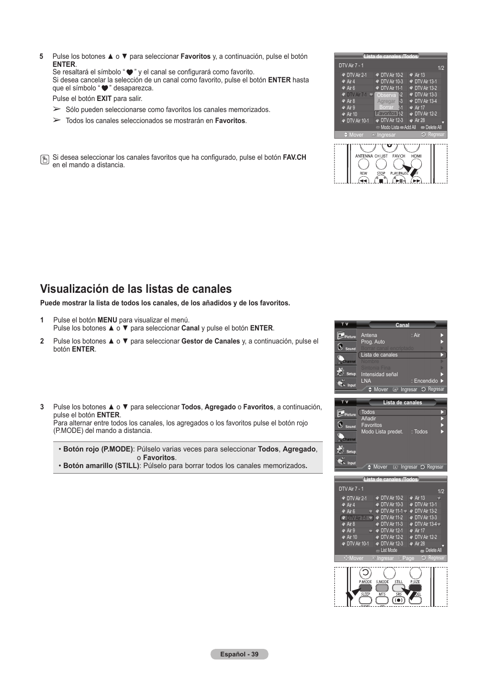 Visualización de las listas de canales | Samsung HLT5675SX-XAA User Manual | Page 105 / 128