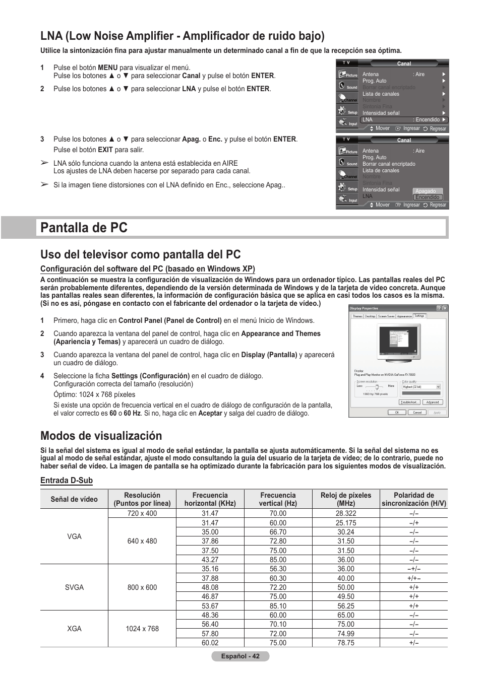 Pantalla de pc, Uso del televisor como pantalla del pc, Modos de visualización | Samsung HLT5675SX-XAA User Manual | Page 108 / 128