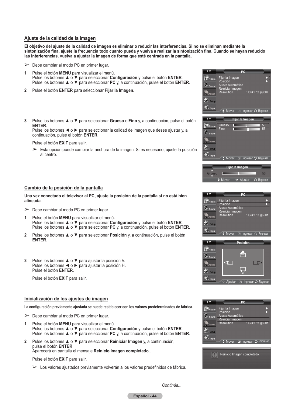Cambio de la posición de la pantalla, Inicialización de los ajustes de imagen, Ajuste de la calidad de la imagen | Samsung HLT5675SX-XAA User Manual | Page 110 / 128