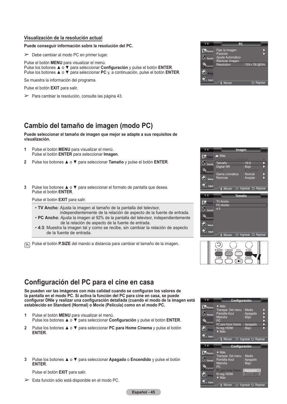 Configuración del pc para el cine en casa, Cambio del tamaño de imagen (modo pc), Visualización de la resolución actual | Samsung HLT5675SX-XAA User Manual | Page 111 / 128
