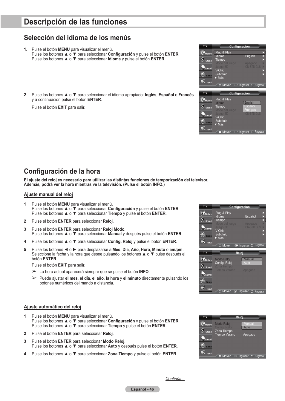 Descripción de las funciones, Selección del idioma de los menús, Configuración de la hora | Ajuste automático del reloj, Ajuste manual del reloj | Samsung HLT5675SX-XAA User Manual | Page 112 / 128