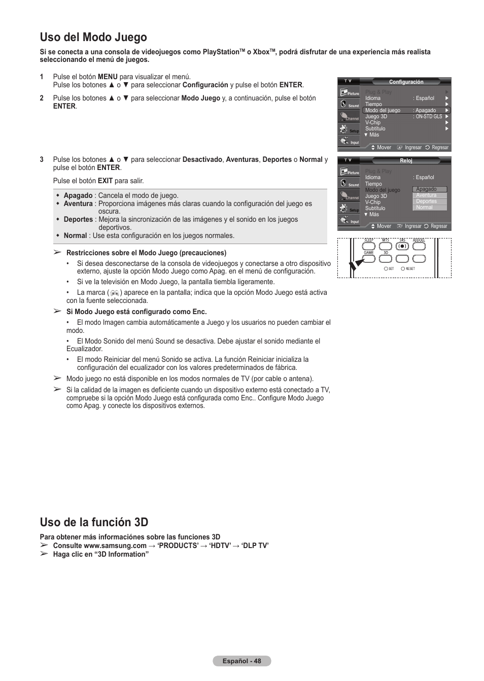 Uso del modo juego, Uso de la función 3d | Samsung HLT5675SX-XAA User Manual | Page 114 / 128