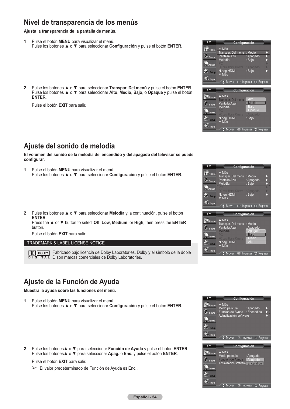 Nivel de transparencia de los menús, Ajuste del sonido de melodía, Ajuste de la función de ayuda | Samsung HLT5675SX-XAA User Manual | Page 120 / 128