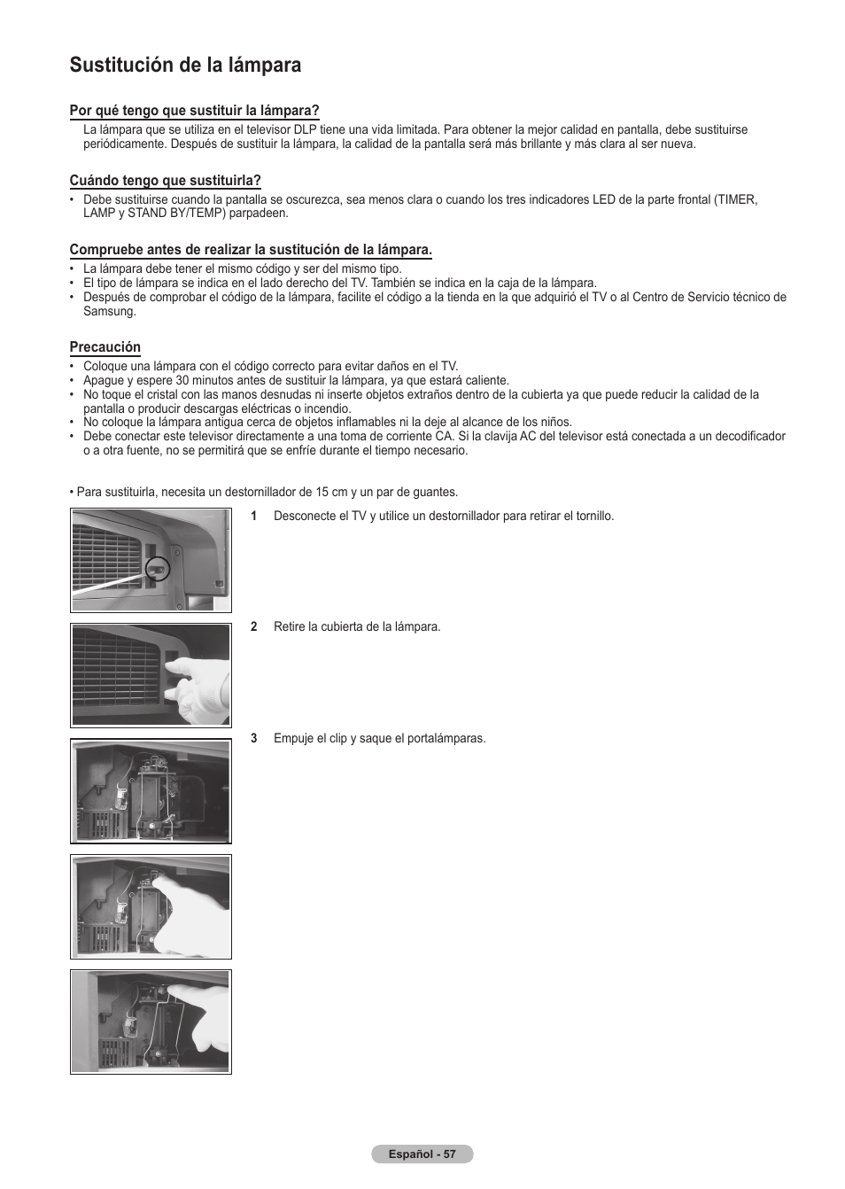 Sustitución de la lámpara | Samsung HLT5675SX-XAA User Manual | Page 123 / 128