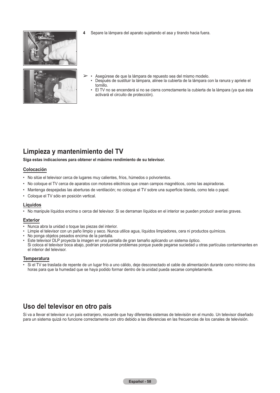 Limpieza y mantenimiento del tv, Uso del televisor en otro país | Samsung HLT5675SX-XAA User Manual | Page 124 / 128