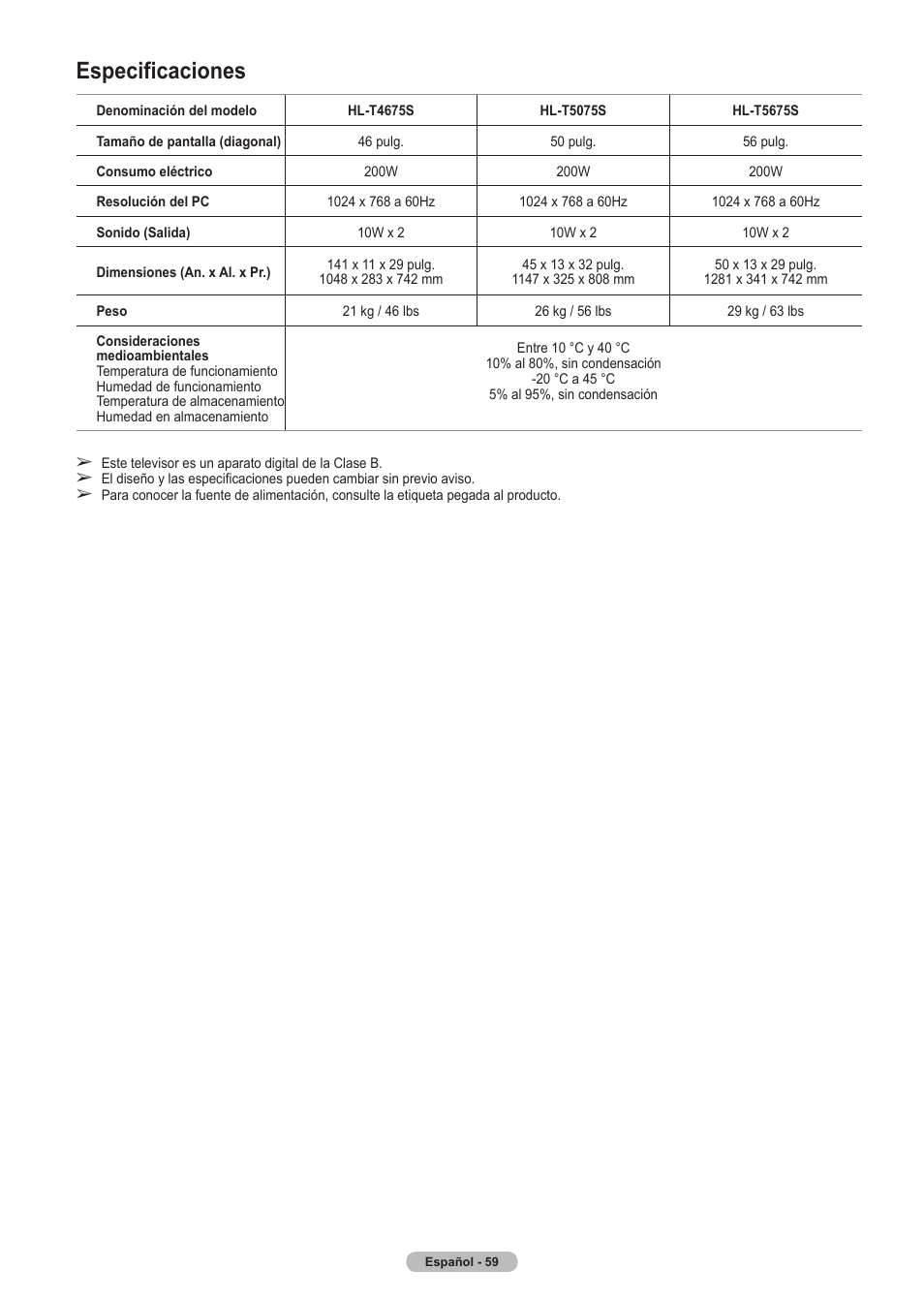 Especificaciones | Samsung HLT5675SX-XAA User Manual | Page 125 / 128