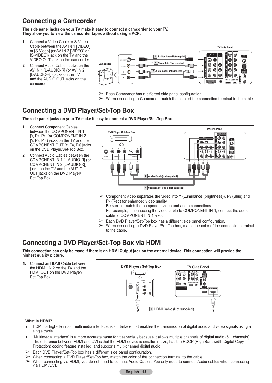 Connecting a camcorder, Connecting a dvd player/set-top box, Connecting a dvd player/set-top box via hdmi | Samsung HLT5675SX-XAA User Manual | Page 13 / 128