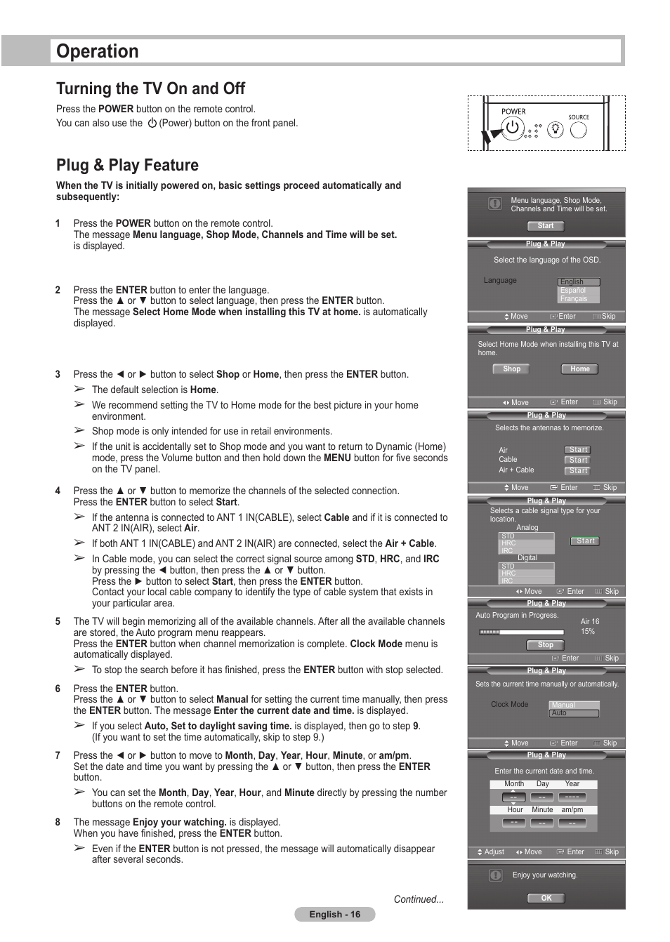 Operation, Turning the tv on and off, Plug & play feature | Samsung HLT5675SX-XAA User Manual | Page 16 / 128
