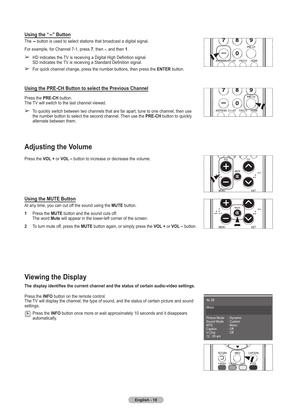 Viewing the display, Adjusting the volume | Samsung HLT5675SX-XAA User Manual | Page 18 / 128