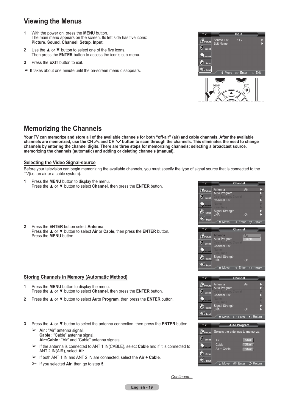 Viewing the menus, Memorizing the channels | Samsung HLT5675SX-XAA User Manual | Page 19 / 128