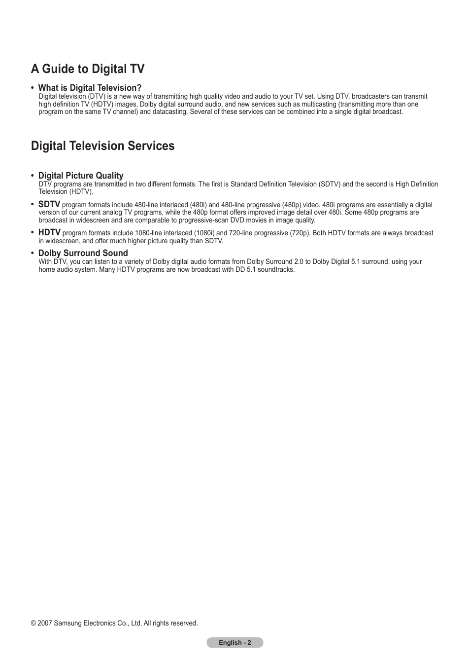 A guide to digital tv, Digital television services | Samsung HLT5675SX-XAA User Manual | Page 2 / 128