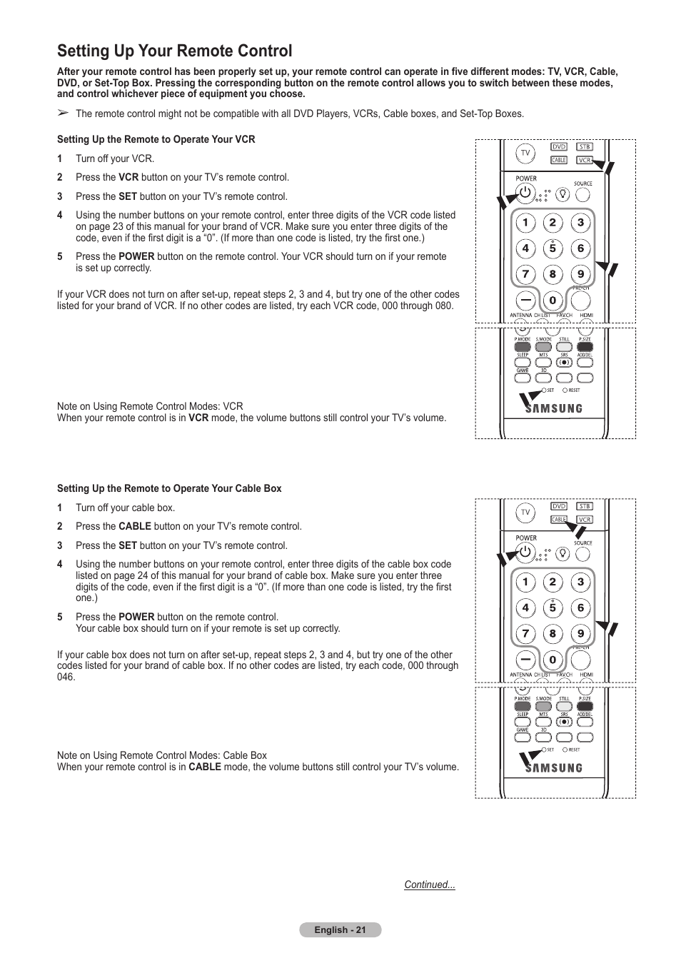 Setting up your remote control | Samsung HLT5675SX-XAA User Manual | Page 21 / 128