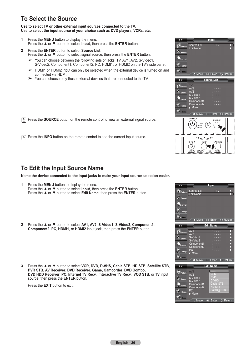 To select the source, To edit the input source name | Samsung HLT5675SX-XAA User Manual | Page 26 / 128