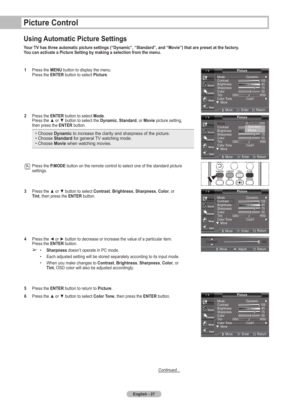 Picture control, Using automatic picture settings | Samsung HLT5675SX-XAA User Manual | Page 27 / 128