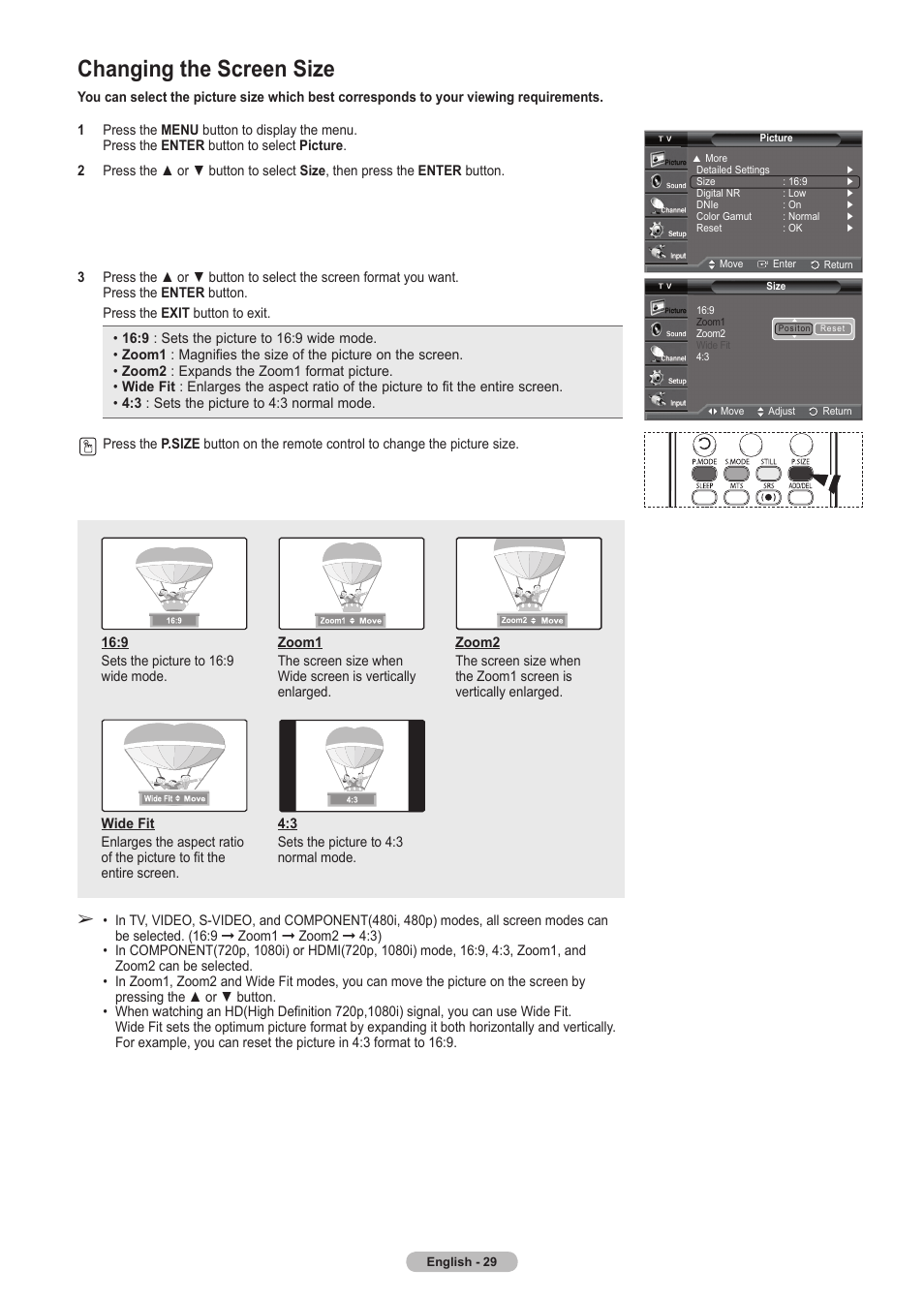 Changing the screen size | Samsung HLT5675SX-XAA User Manual | Page 29 / 128