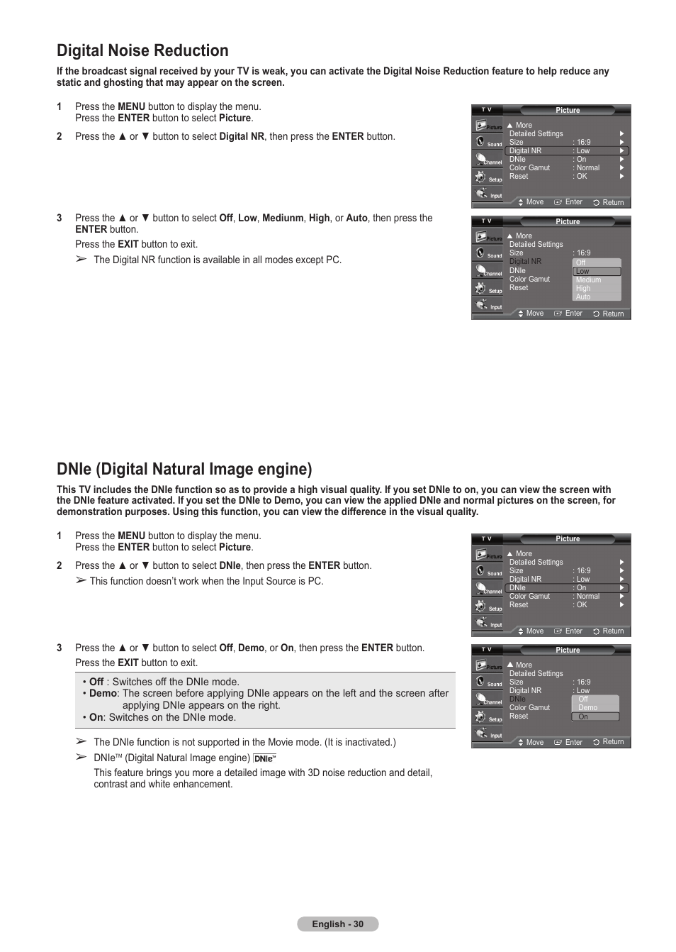 Digital noise reduction, Dnie (digital natural image engine) | Samsung HLT5675SX-XAA User Manual | Page 30 / 128