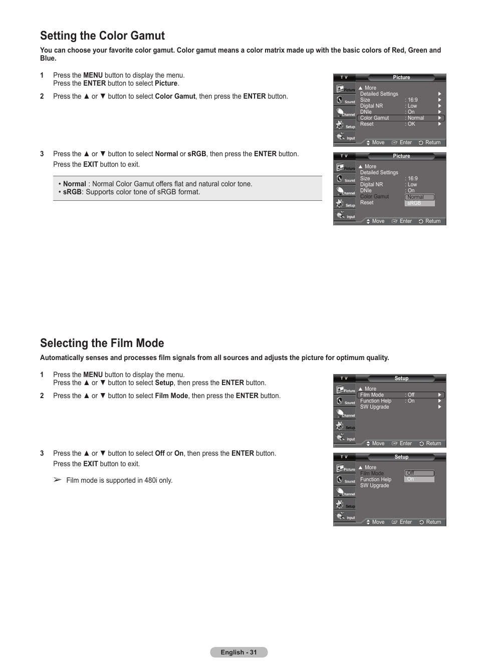 Setting the color gamut, Selecting the film mode | Samsung HLT5675SX-XAA User Manual | Page 31 / 128