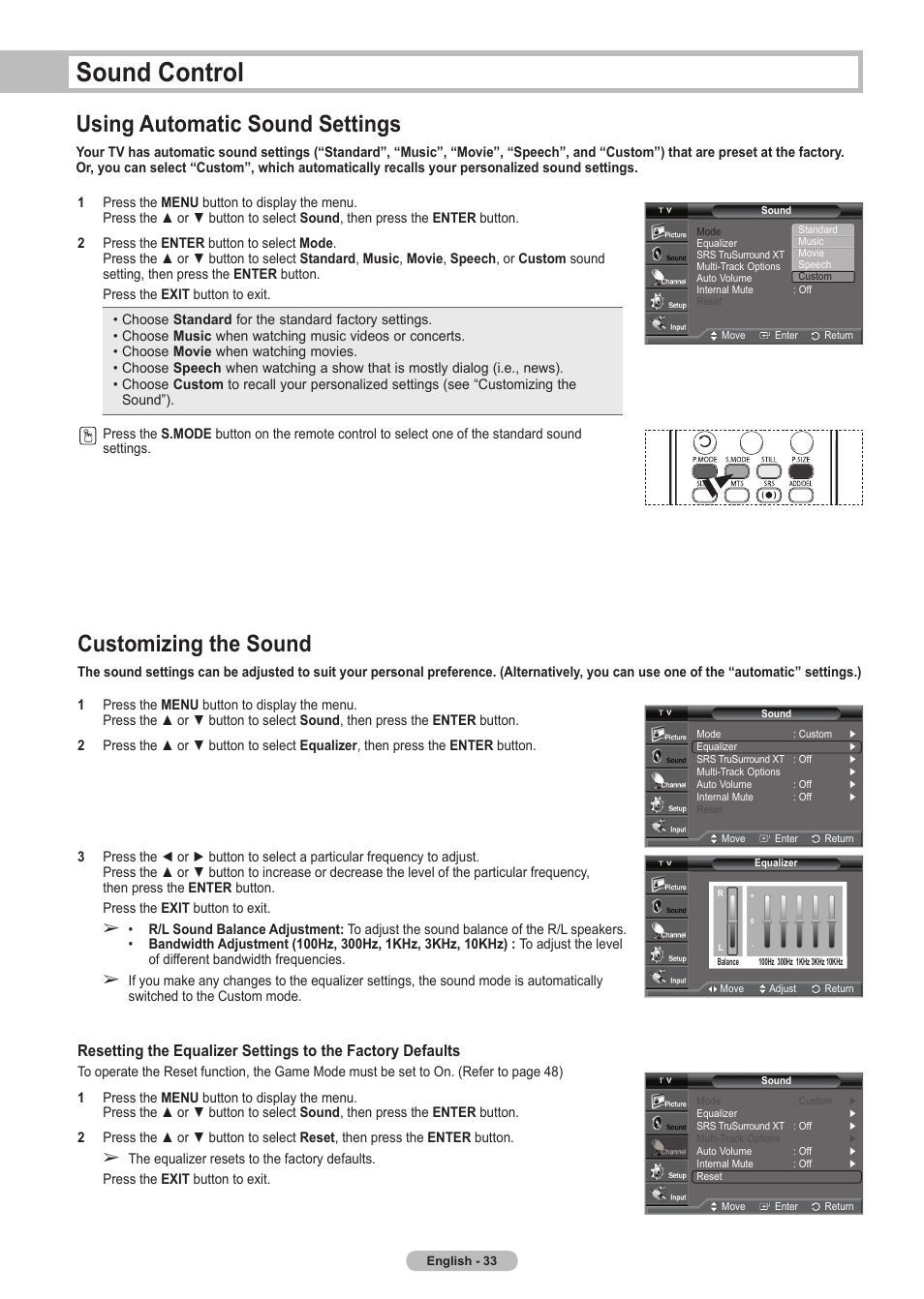 Sound control, Using automatic sound settings, Customizing the sound | Samsung HLT5675SX-XAA User Manual | Page 33 / 128
