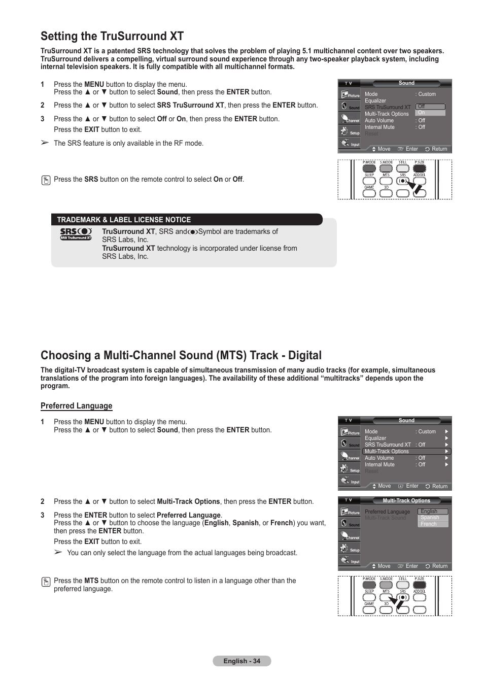 Setting the trusurround xt | Samsung HLT5675SX-XAA User Manual | Page 34 / 128