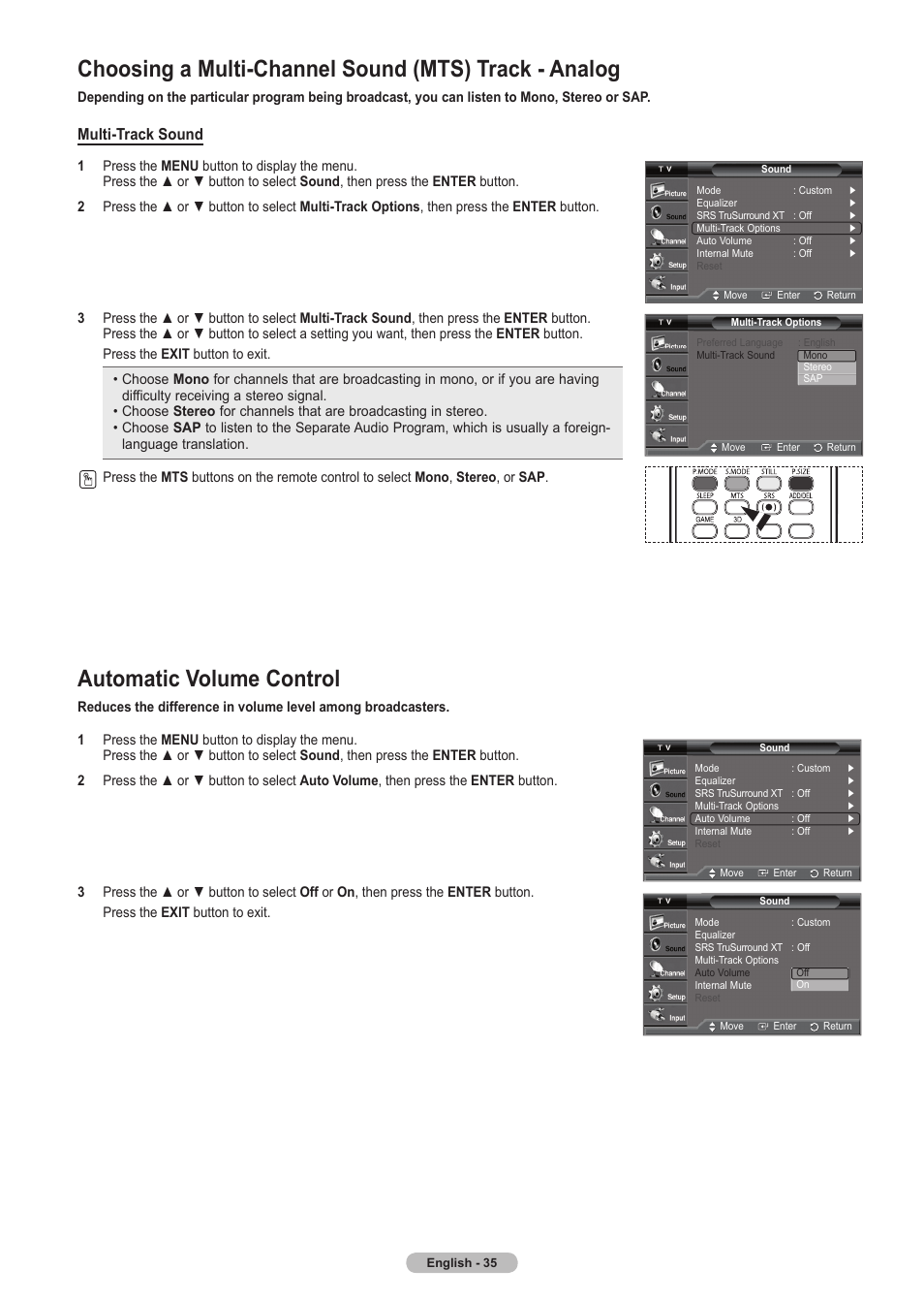 Automatic volume control, Multi-track sound | Samsung HLT5675SX-XAA User Manual | Page 35 / 128