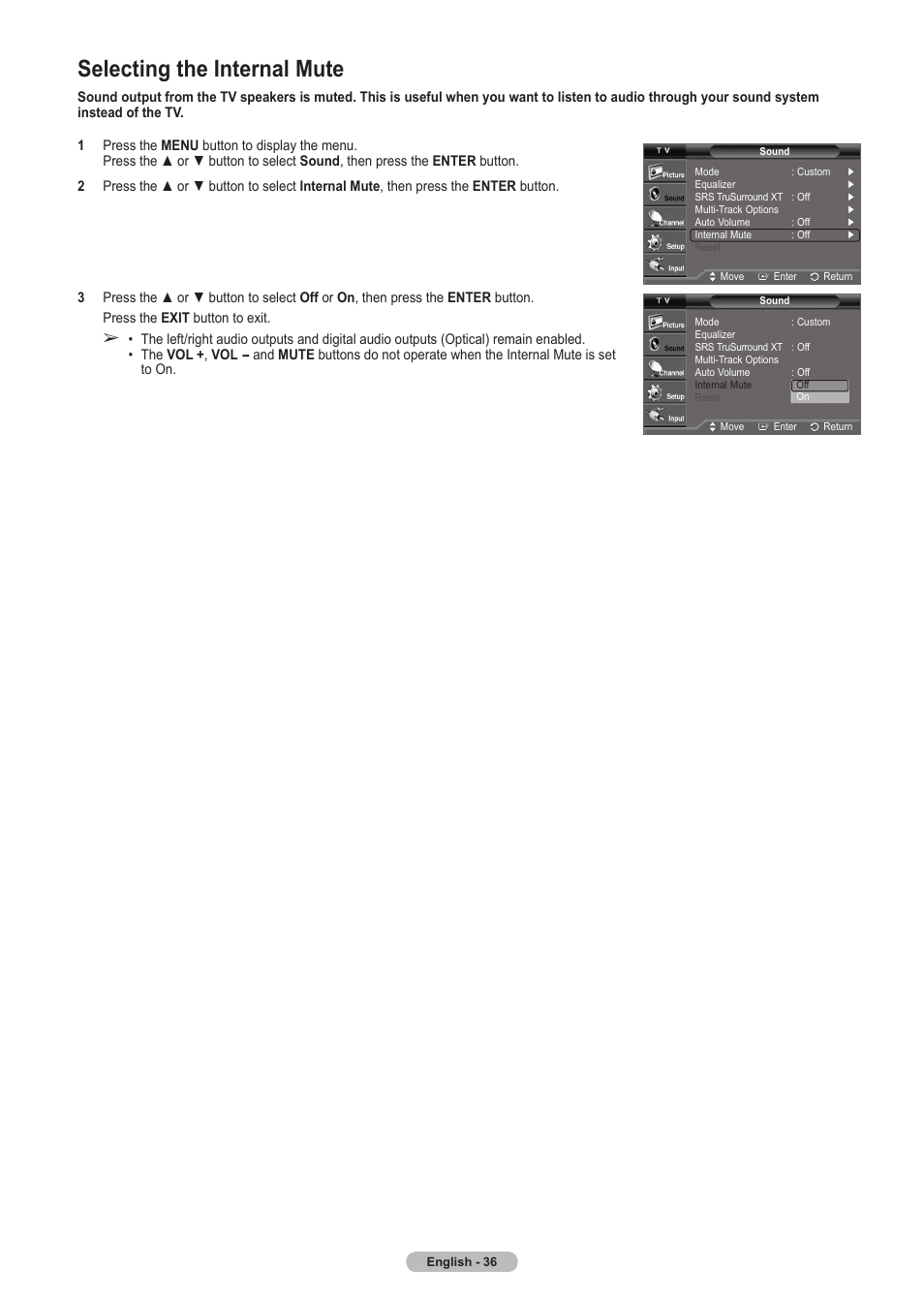 Selecting the internal mute | Samsung HLT5675SX-XAA User Manual | Page 36 / 128