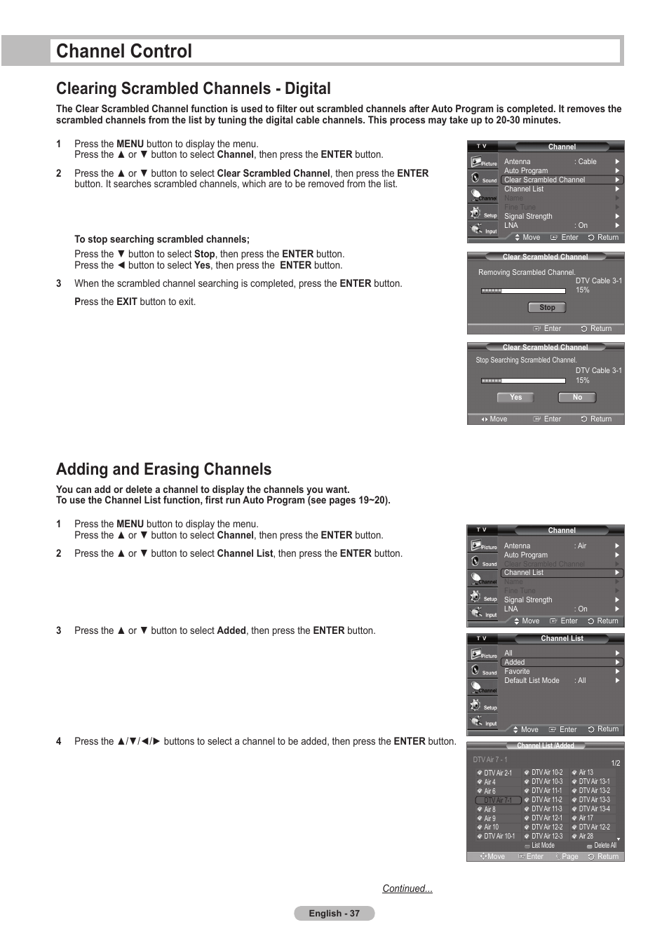 Channel control, Clearing scrambled channels - digital, Adding and erasing channels | Samsung HLT5675SX-XAA User Manual | Page 37 / 128